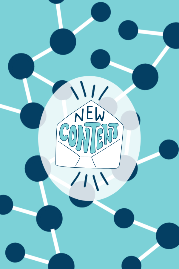 This image shows a background of circles connected by lines meant to represent an interconnected network. At the front, in the middle, it displays an envelop that says 'new content' meant to symbolize an ecology's interconnected means of producing content