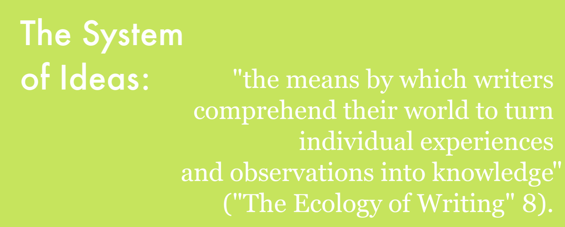 The system of ideas is defined as 'the means by which writers comprehend their world to turn individual experiences and observations into knowledge' ('The Ecology of Writing' 8).